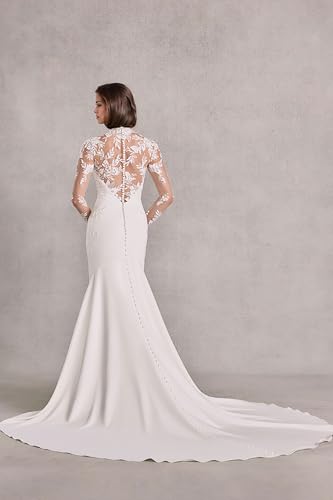 Mermaid Long Sleeve Wedding Dress for Women Bride High Neck Floor Length Bride Wedding Dress with Lace Applique4