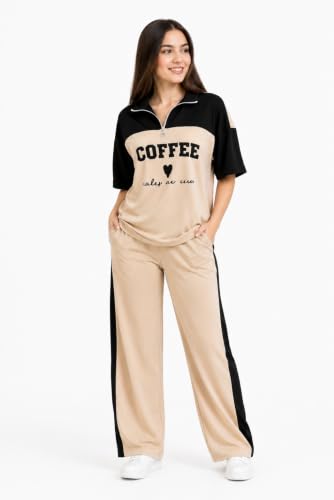 Image of Women's Printed Night Suit Set | Half Sleeve Zip Neck Top & Wide Leg Pyjama | Soft Cotton Blend Two Piece Sleepwear | Relaxed Fit Lounge Wear & Home Wear for Women