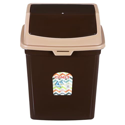 Image of COMET Plastics Dustbin With Swing Lid (6L) | Set Of 2 | Desktop Trash Can For Home, Office etc.|Strong and Durable Virgin Plastic Dustbin| 23cm x 18cm x 30cm |Brown
