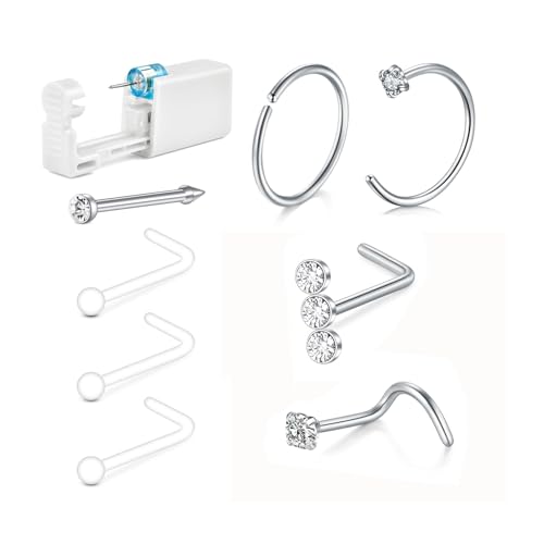 QWALIT Nose Piercing Kit Nose Piercing Gun Disposable Silver Nostirl Ring Piercings Kit at Home Self Nostirl Piercings Kit with Studs Hoops 20g