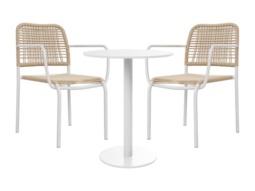 Vente-unique - Salle à Manger de Jardin en métal et résine tressée : Une Table D.60 cm et 2 fauteuils empilables - Beige - NIOU de MYLIA