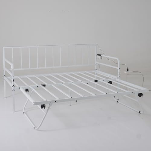 KOMFOTTEU Estructura de Sofá Cama Extensible de 2 Plazas 90 x 200 cm, Cama Nido de Metal con Luces LED, Estación de Carga, Listones Resistentes, para Salón, Dormitorio, Apartamento (Blanco)