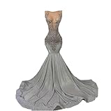 Women's Sleeveless Sequined Applique Beaded Mermaid Prom Evening Dress Pageant Gown Court Train Gray