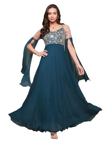 Image of Miss Chase Women's Round Neck Sleeve Embellished Fit Flare Maxi Dress