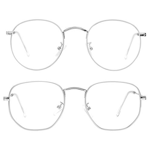 GRFISIA Small Round Blue Light Blocking Glasses Lightweight Hexagon Computer Gaming Eyeglasses UV Protection Anti Eyestrain (Silver frame-2pcs)