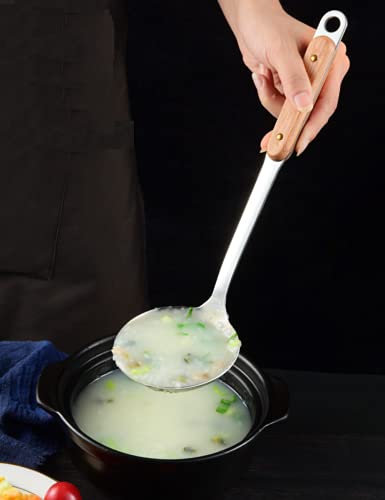 Image of 1Pcs Of Stainless Steel Soup Ladle With Wooden Grip, Large Kitchen Utensil Spoon, Punch Bowl And Soup Pan Ladle, 33.5 Centimeters
