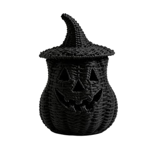 Wicker Pumpkin Lamp Halloween Decorations Rattan Lantern Pumpkin Candle Holder with Witch Hat Shape Lid