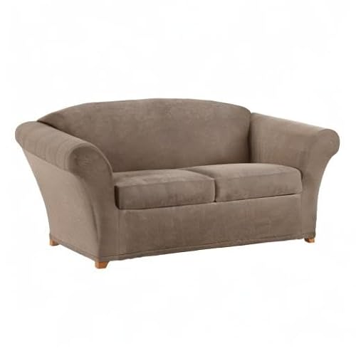 SureFit Stretch Pique Loveseat Slipcovers, Three Piece Loveseat Cover Includes Slipcover and Two Cushion Covers for a Secure Fit, Geometric Patterned Cushions and Loveseat Covers, Taupe