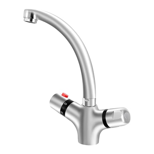 Mqwdxzfes Robinet de lavabo, mitigeur thermostatique avec 2 poignées, température constante, en acier inoxydable, robinet de salle de bain rotatif à 360°, à deux poignées, pour évier et salle de bain