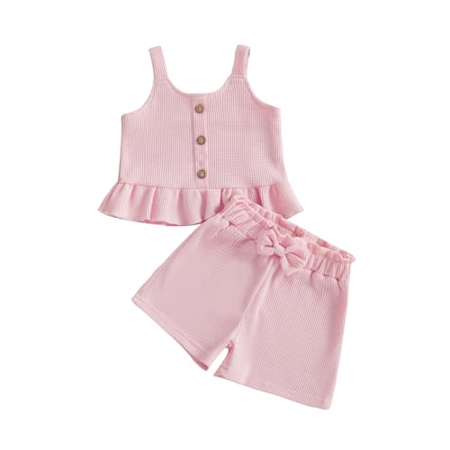JLKGICF Toddler Baby Girl Summer Clothes Sleeveless Square Collar Ruffled Tank Tops Shorts Set 6 12 18 24 Month 2T 3T 4T (Pink, 2-3T)