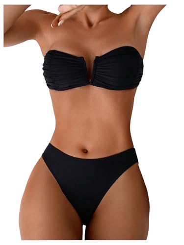 SHENHE Women's Strapless Swimsuit 2 Piece Ruched V Cut Bandeau Tube Top Bikini Set2