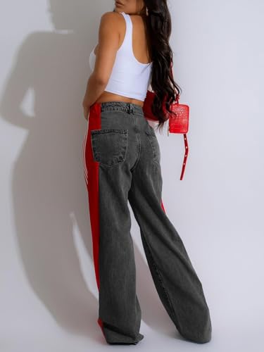 KANSOON Womens Jeans High Waisted Patchwork Side Stripes Color Block Stretchy Wide Leg Straight Trendy Denim Pants4