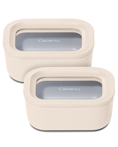 Caraway 2pc Glass Food Storage Set - 2.6 Cup Food Containers (2) - Non-Toxic Ceramic-Coated Glass - Air Release Technology - Compact & Stackable Design - Cream