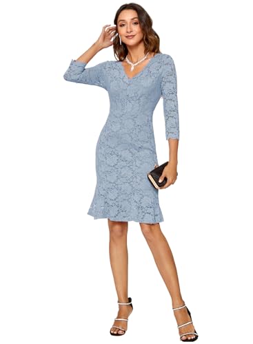 Image of Atnlewhi Womens 3 /4 Sleeve Slim Fit Lace Cocktail Dresses Party Wedding Guest V Neck Formal Evening Bodycon Dress