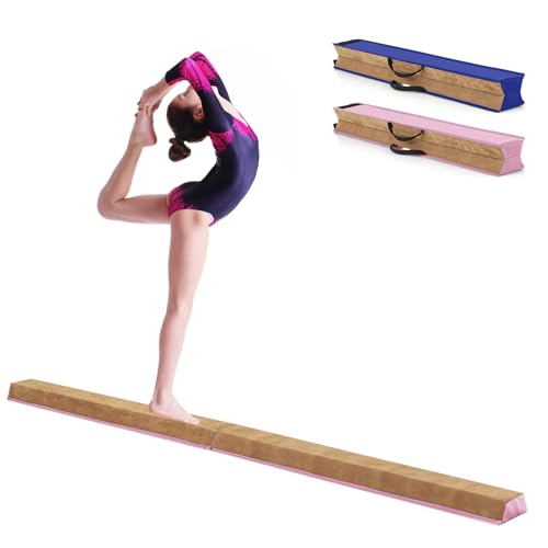 GOPLUS Barra de Equilibrio Gimnasia Plegable 240 cm, Viga de Equilibrio Artística con Manijas, Velcro en los Lados, Barra de Gimnasia Portátil Antideslizante para Niños, Adultos y Principiantes (Rosa)
