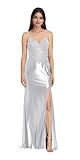 Satin Mermaid Wedding Guest Dress for Women Long Slit Lace Applique 2025 Spaghetti Strap Party Gown Silver 12 JA0330