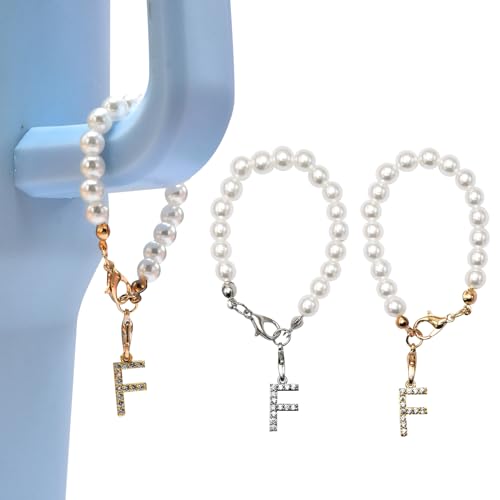 HOMICO 2PCS Pearl Shaped Letter Chain Accessories for Stanley Cup Personalized Name ID Rhinestone Letters Chain Accessories for Stanley Tumbler, F
