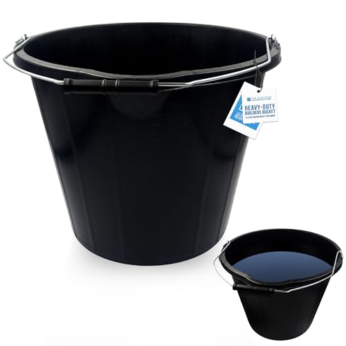 Black Builders Bucket - Sturdy Plastic Buckets with Metal Handles - Black Car Wash Bucket with Spout for Mixing Cement Cleaning Car Wash Gardening Tools etc (PACK OF 1)