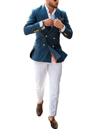 Men's Two Pieces Suit Business Casual Jacket and White Pants for Daily Leisure