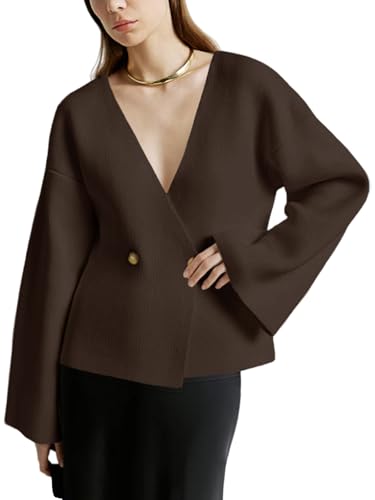 Saodimallsu Womens V Neck Cardigans Long Bell Sleeve Button Down Open Front Loose Knit Fall Sweater Blazer2