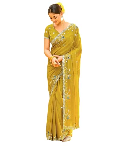 Image of SIRIL Women's Georgette Embroidery Saree With Unstitched Blouse