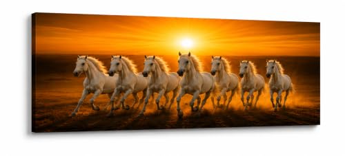 Image of 7 Horse Vastu Sunrise Canvas Painting | Positive Energy Wall Decor | Big Size Premium Running Horses Artwork for Home, Office & Hall Decoration (Modern, Sun White Horse, 44x20 Inch)