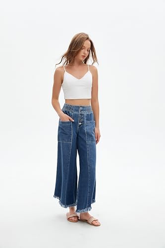 LifeShe Women's Baggy Wide Leg Jeans Elastic Waisted Cropped Denim Pants Loose Boyfriend Raw Hem Jeans4