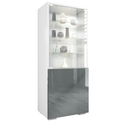 Vladon Vitrine Granada, Armoire Vitrée Made in Germany, avec Porte en Verre et Insert en Verre, Blanc Mat/Gris Haute Brillance (50 x 122,5 x 34,5 cm)
