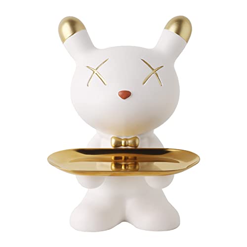 Ceramic Joe Creative Rabbit Resin Tray Handmade Key Jewelry Watch Storage Tray Home Living Room Table Decoration (White-10in)