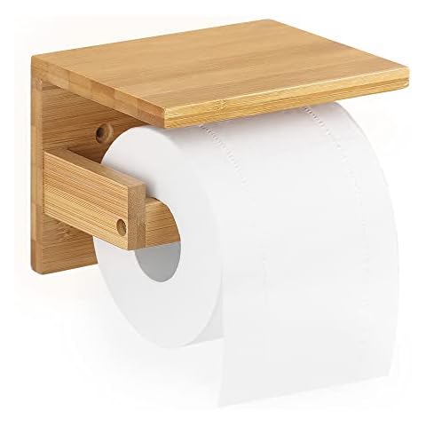 ecooe Porte Papier Toilette avec Etagère en Bambou, Support Papier Toilette avec Plateau, Derouleur Papier Toilette Mural,Porte Rouleau Papier pour Toilettes Cover