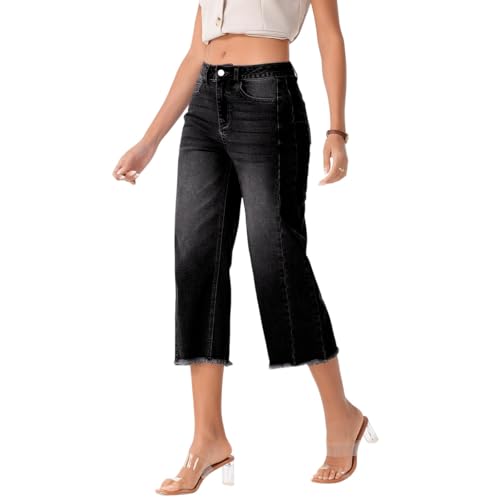 Wide Leg Cropped Jeans for Women Stretchy High Waisted Raw Hem Petite Ankle Jeans Y2k Baggy Boyfriend Jean Capris2
