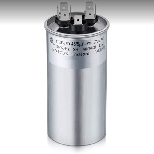 45 + 5 uf mfd 370 Volt Round Air Conditioner Capacitor Motor Replacement for Tempstar Model # n2h330akb200, Gsc130481cc Capacitor, 24DB400B370PA, Model LR79596 5% 350/370v 50/60Hz