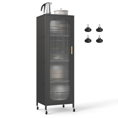 Giantex 5-Tier Metal Storage Cabinet, Tall Narrow Kitchen Pantry with Adjustable Shelves & Semi-Transparent Door, Freestanding Utility Organizer on Wheels for Dining Room, Bathroom (Black)