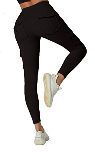 JEGGE High Waist Yoga Leggings with 4 Pockets,Tummy Control Workout Running 4 Way Stretch Cargo Pocket Leggings (Black, XX-Large)