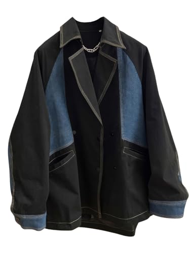 ebossy Womens Oversized Patchwork Denim Blazer Notch Lapel Button Down Distressed Boyfriend Jean Jacket