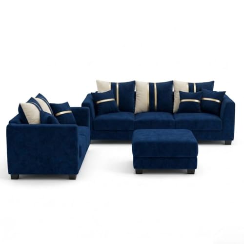 Image of Vero Plush Comfort Sofa Set | 3 Seater + 2 Seater with Ottoman | Luxury Velvet Suede Fabric | Modern Living Room Sofa | Dark Blue