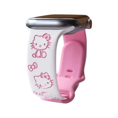 Cute Cartoon Engraved Bands Compatible with Apple Watch Band 40mm 41mm 38mm 42mm 44mm 45mm 49mm Women Two-Tone Silicone Sport Strap for iWatch Band Series 9 8 7 6 5 4 SE Ultra 2 (42/44/45/49mm White/Pink)