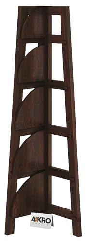 Image of Solid Sheesham Wood Corner Shelf 5 Tier Ladder Shelves Book Shelf Rack Wooden Bookcase Display Unit for Living Room Bedroom (Walnut Finish)