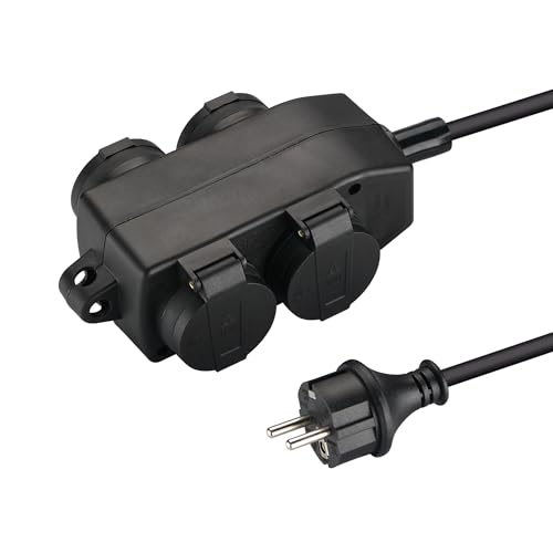 XUANSHI Bloc multiprise, à 4 prises, IP44, pour l'extérieur, avec câble d'extension en caoutchouc, prise extérieure, pour pièces humides, répartiteur de courant de jardin (5 m, noir)