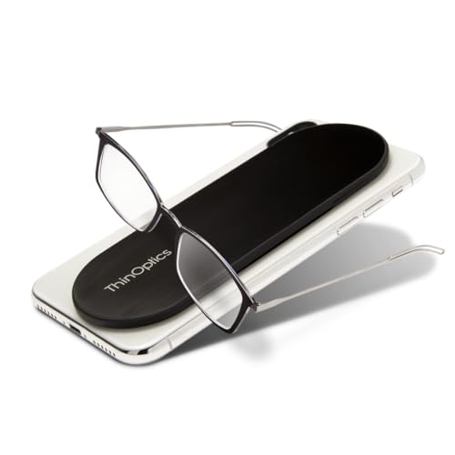 Always With You by ThinOptics Reading Glasses with Slim Case Readers Attach to Your Phone Tablet or Fit in Your Pocket - Rectangular Black 2.0x