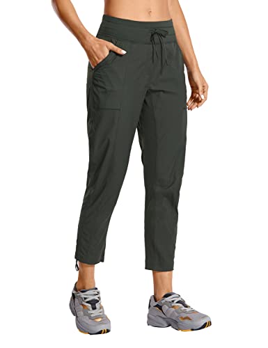 CRZ YOGA Women's Short/Regular Studio Joggers Striped Travel Lounge Pants Drawstring 7/8 Casual Track Pants with Pockets Olive Grey Small