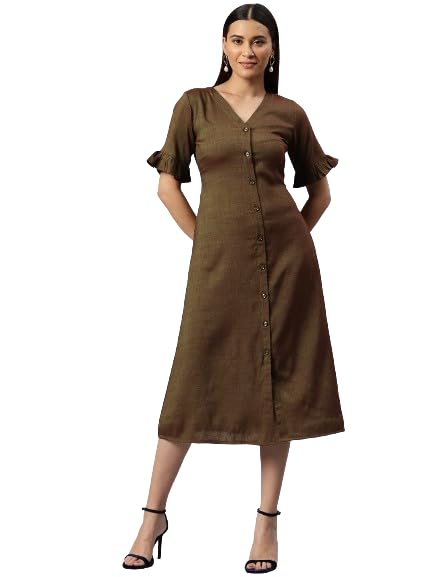 cottinfab Women Solid A-Line Dress with Short Ruffle Sleeves-picture-36