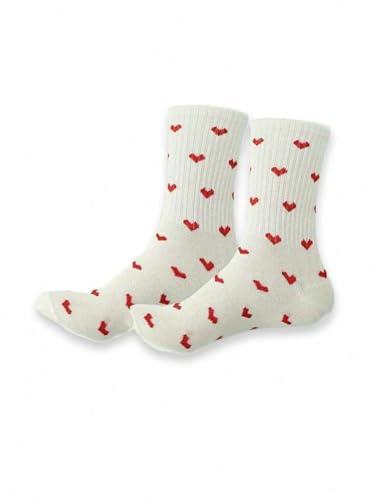1 Pair of Women's Fashion Socks with Heart Pattern, Adorable and Comfortable Mid-Calf Socks