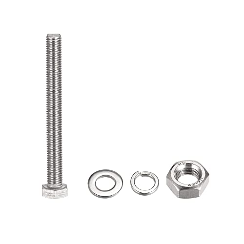 Image of uxcell M10 x 100mm Hex Head Screws Bolts, Nuts, Flat & Lock Washers Kits, 304 Stainless Steel Fully Thread Hexagon Bolts 6 Sets