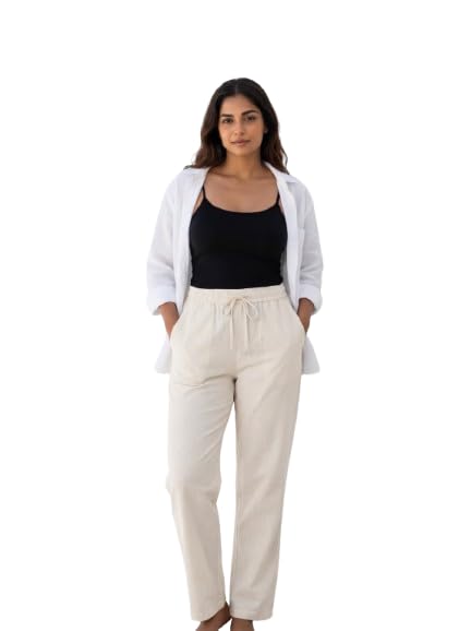 Image of THUMBA Women's Cotton Linen Wide Leg Pants | Elastic Waist Relaxed Fit Trousers | Breathable Summer Palazzo Pant with Pockets| Casual Office Travel Wear