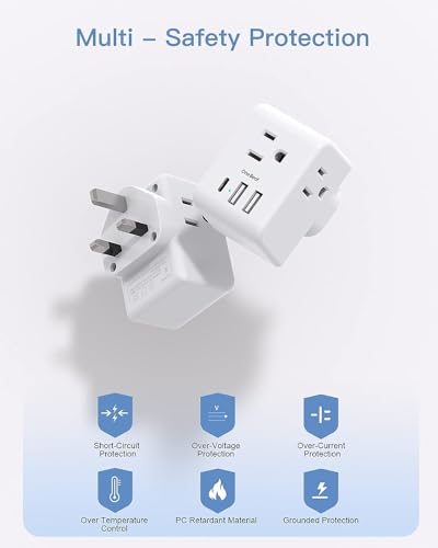 Image of 2 Pack US to UK Ireland Travel Plug Adapter, Type G Power Plug Adapter with 3 Outlets 3 USB Ports(1USB C), European Travel Plug Adapter for USA to England London Scotland British Qatar Irish Hongkong