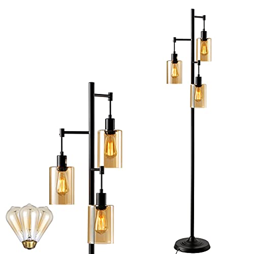 🛒 Flash Sale LEONLITE Farmhouse Floor Lamp, Industrial Lamps for Living Room, ETL Listed, 3-Head Hanging Amber Glass Shade, Rustic Standing Lights for Bedroom, E26 Base, Bulbs Included