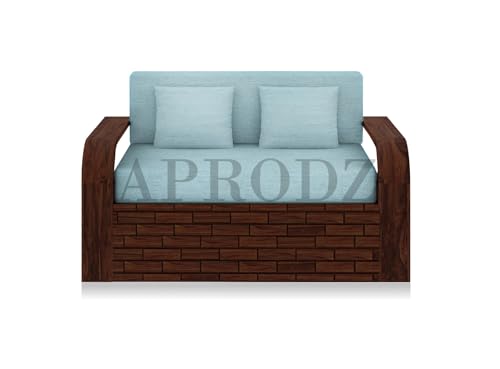 Image of APRODZ Solid Sheesham Wood Sofa Cum Bed 2 Seater Velevt Fabric with Turquoise Upholstery Sofa Furniture for Home Living Office Room and Guests (Walnut Finish 75x51x30-Inch)