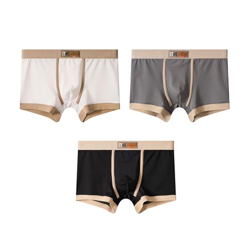 3PC Mens Ice Silk Comfy Boxer Briefs, Mid Rise Color Block Breathable Daily Panties Sports Workout Underwear