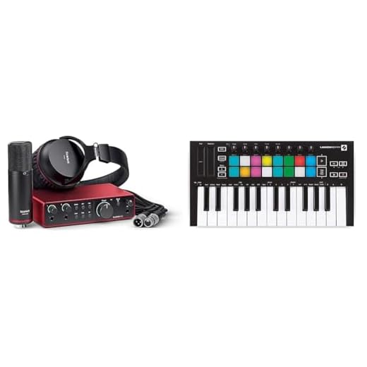 Focusrite Scarlett 2i2 Studio 4.ª gen. paquete de interfaz de audio USB pensada & Novation Launchkey Mini [MK3] — Controlador de teclado MIDI de 25 teclas portátil con USB